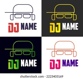 Dj Logo Design. Creative vector logo design with headphones and DJ with glasses. Music logotype template. For accessory, brand, identity, logotype, company, shop, dj party. Black background. Mp3 sign.