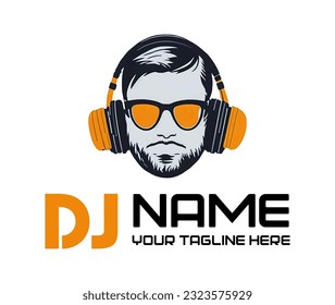 Dj Logo Design. Creative vector logo design with headphones and DJ with glasses. Music logotype template. For accessory, brand, identity, logotype, company, shop, dj party. Black background. Mp3 sign.