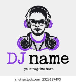 Dj Logo Design. Creative vector logo design with headphones and DJ with glasses. Music logotype template. For accessory, brand, identity, logotype, company, shop, dj party. Black background. Mp3 sign.