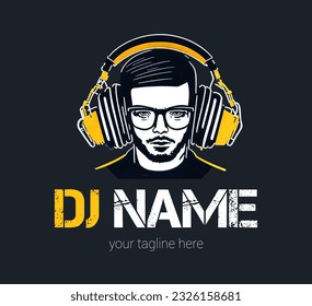 Dj Logo Design. Creative vector logo design with headphones and DJ with glasses. Music logotype template. For accessory, brand, identity, logotype, company, shop, dj party. Black background. Mp3 sign.