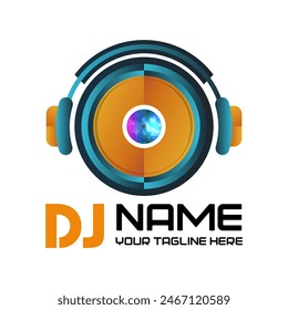 Dj Logo Design. Creative vector logo design with vinyl record. Music logotype template. For accessory, brand, identity, logotype, company, shop, dj party. Black background. Mp3 sign.