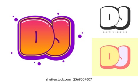 DJ logo design for festival or party. Initial letter d and j in graffiti style. Creative modern lettering company name of font typography. Kids trendy logotype or identity. Vector illustration.