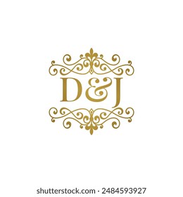 DJ logo with gold ornament. Initials D ampersand J for business partner or wedding symbol	