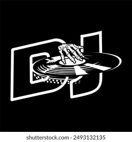 DJ logo with hand skull skeleton, Design element for logo, poster, card, banner, emblem, t shirt. Vector illustration