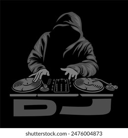 DJ logo with hoodie man, Design element for logo, poster, card, banner, emblem, t shirt. Vector illustration