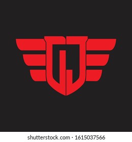 DJ Logo monogram with emblem and wings element design template on red colors