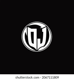 DJ Logo monogram shield shape with three point sharp rounded design template on black background