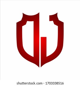 DJ Logo Shield style Monogram design template with red colors on white background