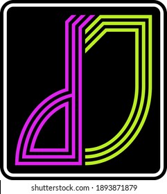 DJ logo vector illustration. Violet red and flourescent greenish yellow logo on black background in a frame. Disc jockey sign. Plain, flat graphic for icon, symbol, logo and art design.