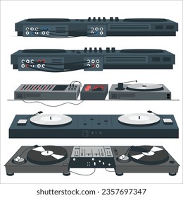 Dj machine set. Native instrument machine. Machine music controller with pad. Three colors of dj disc illustration. digital music sampler. Native instrument machine. Dj Music 2438