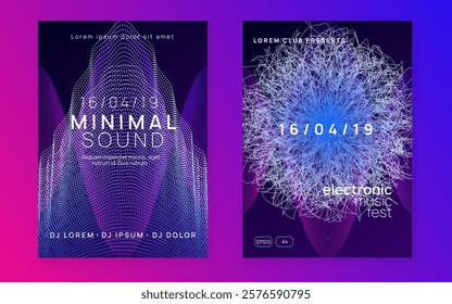 Dj Magazine. Concert Cover. Blue Sound Banner. Violet Techno Event. Psychedelic Audio Invitation. Discotheque Electro Element. Night Club Poster. Pink Dj Magazine