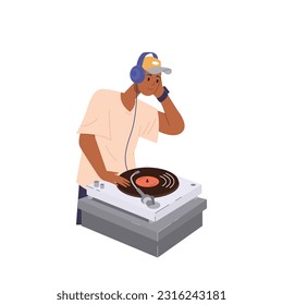 Dj male character wearing headphones standing at console turntable mixer making dance music