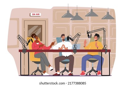 Dj Male and Female Characters Record Podcast, Online Broadcast. People Sitting at Desk with Microphones and Computer Desktop, Speaking, Interviewing Guest on Radio Studio. Cartoon Vector Illustration