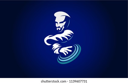 DJ man. Blue background with dark blue. Vector illustration.