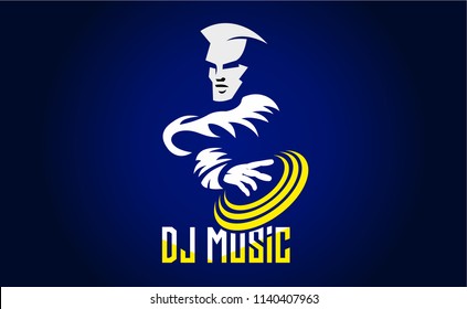 DJ man. Blue background with dark blue. Vector illustration.