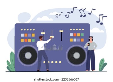 Dj man concept. Young guy with sliders for processing music, songs and making beats. Creative personality in workplace. Party and disco, event and entertainment. Cartoon flat vector illustration