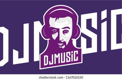 DJ man in headphones. Blue background. Vector illustration.