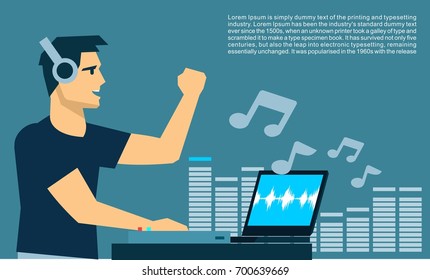 Dj man on turntable playing dj set flat vector design illustration