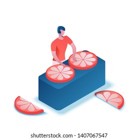 Dj man playing music with funny orange isometric 3d vector illustration, isolated icon, disco dance party template, club background