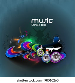 an dj man playing tunes with music note background.