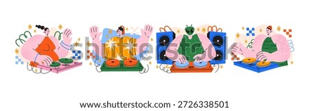 DJ mascot characters at retro parties in cartoon style. Music objects: turntables, mixer, speakers, vinyl. Dance event figures, club culture symbols and playful nightlife atmosphere