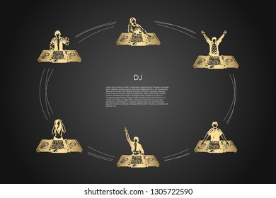 DJ - men and women DJs in headphones playing music vector concept set. Hand drawn sketch isolated illustration
