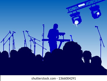 DJ with microphones on stage in front of public and light equipment