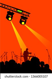 DJ with microphones on stage in front of public and light equipment
