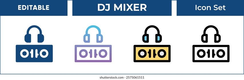 DJ Mixer Icon Set. Editable Vector Icons for music mixing, soundboard, and more. Includes line, gradient, filled, and outline styles. Perfect for music projects, websites, and entertainment apps.