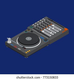 Dj Mixer Isometric View Audio Music Sound Equipment Mixing Technology for Entertainment and Club on a Blue Background. Vector illustration