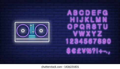 DJ mixer neon sign. Luminous signboard with turntable. Night bright advertisement. Vector illustration in neon style for party, entertainment, music