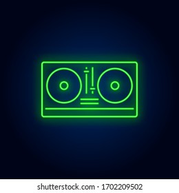 DJ mixer neon sign. Luminous signboard with turntable. Night bright advertisement. Vector illustration in neon style for party, entertainment, music