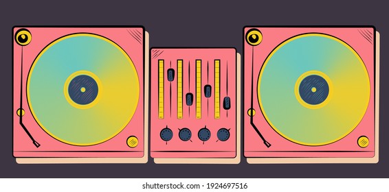 DJ mixer and turntables in pink and yellow colors hand drawing outline icon symbol on dark background. Vector