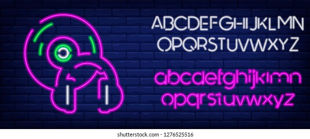DJ mixer vector neon logo, sign, emblem, symbol poster . Bright banner poster, neon bright sign. Editing text neon sign
