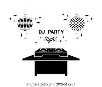 Dj mixing controller, desk, table at nightclub vector icon set. Night party playing dance, electronic, techno music silhouette pictogram on white