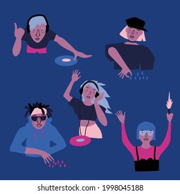 DJ mixing at disco club party. Fun, youth, entertainment and fest concept. Girls and boys dj illustration. Blue and purple colours.