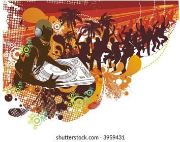 dj mixing on the  beach and a crowd of people dancing grunge & floral elements ,vector illustration