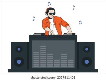 Dj mixing outdoor at beach party festival with crowd of people in background - Summer nightlife view of disco club outside - Soft focus on hand - Fun, youth, entertainment and fest concept. 2431