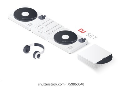 DJ mixing turntable set isolated on white background. Isometric vector illustration
