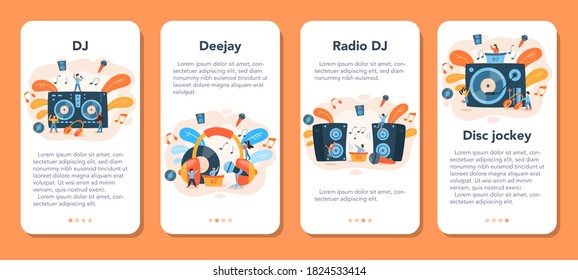 Juego de banners para aplicaciones móviles DJ. Persona de pie en la mesa de mezclas de mesa hacen música en el club o la radio. Compositor de música de club con auriculares. Ilustración vectorial plana aislada