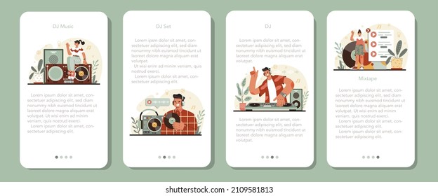 DJ mobile application banner set. Person standing at turntable mixer make music in club. Club music composer with headphones. Isolated flat vector illustration