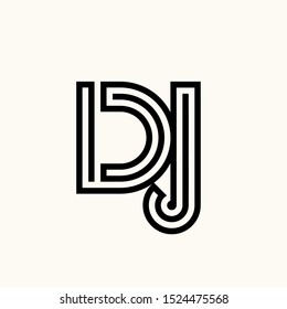 DJ monogram logo.Typographic icon with uppercase line letter d and letter j.Lettering sign isolated on light background.Alphabet initials shape.Modern, corporate, tech,  web style.Signature branding.