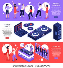 DJ music 3 horizontal web page banners with disco dancing party equipment installations accessories isolated vector illustration 