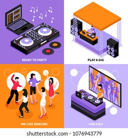 DJ music 4 isometric icons concept with  audio system party dancing corporate gig play isolated vector illustration 