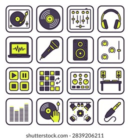 DJ music application icon set with turntable mixer headphones microphone equalizer sampler and audio production symbols.
