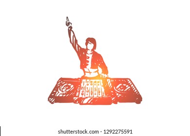 DJ, music, club, disco, party concept. Hand drawn DJ in nightclub concept sketch. Isolated vector illustration.