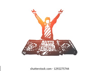 DJ, music, club, disco, party concept. Hand drawn DJ in nightclub concept sketch. Isolated vector illustration.