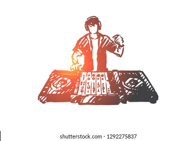 DJ, music, club, disco, party concept. Hand drawn DJ in nightclub concept sketch. Isolated vector illustration.