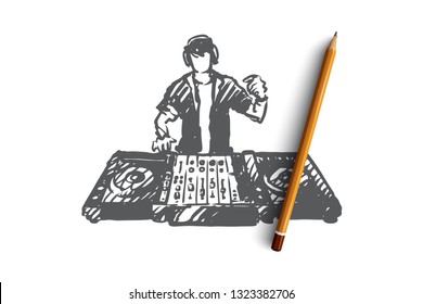 DJ, music, club, disco, party concept. Hand drawn DJ in nightclub concept sketch. Isolated vector illustration.