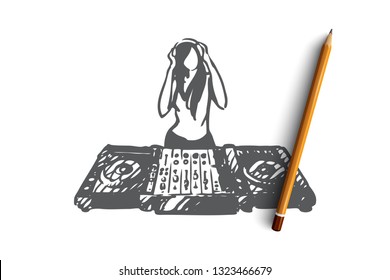 DJ, music, club, disco, party concept. Hand drawn DJ in nightclub concept sketch. Isolated vector illustration.